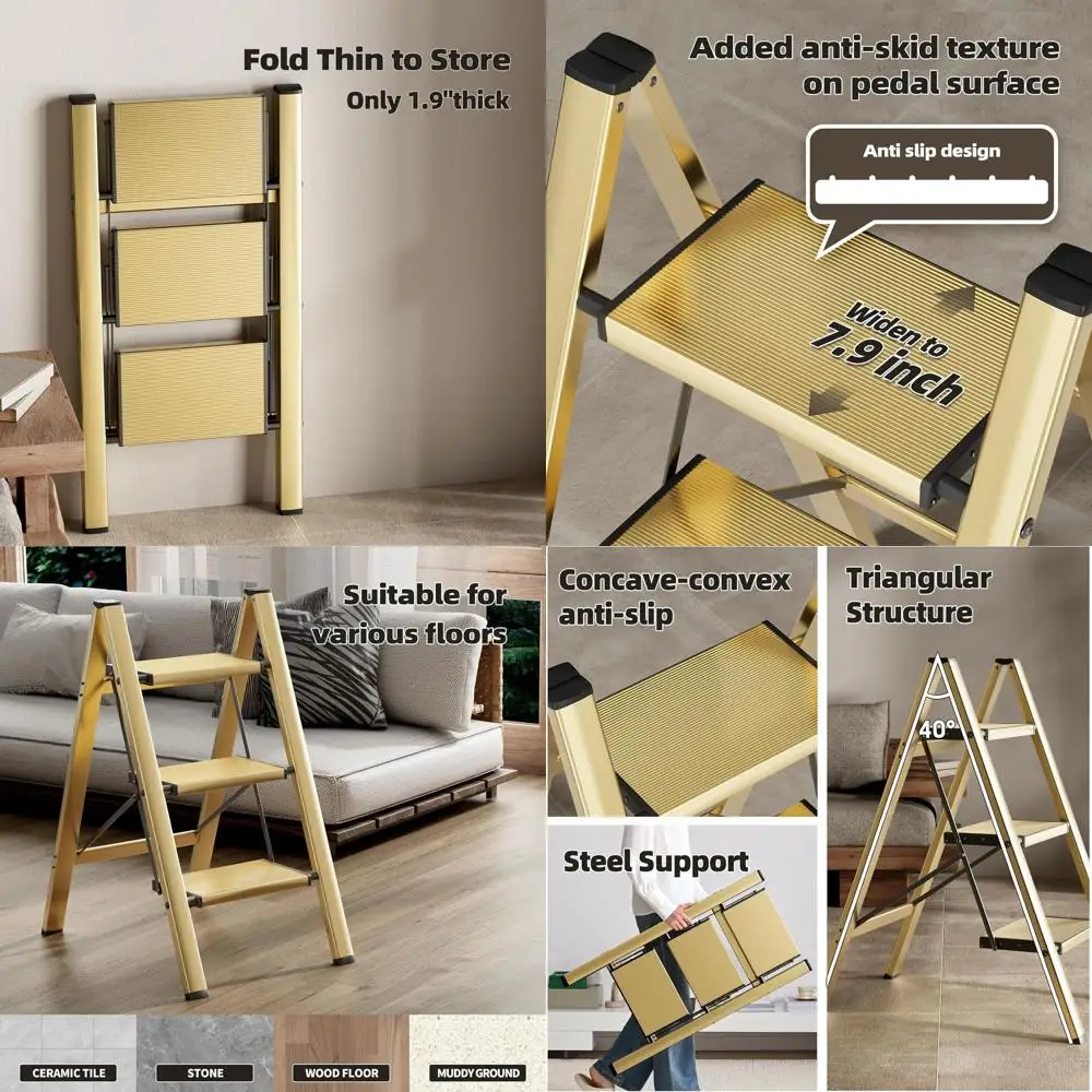

Портативный 3-ступенчатый складной табурет с противоскользящими ступеньками, алюминиевая лестница емкостью 330 фунтов для дома, офиса, библиотеки (золото)