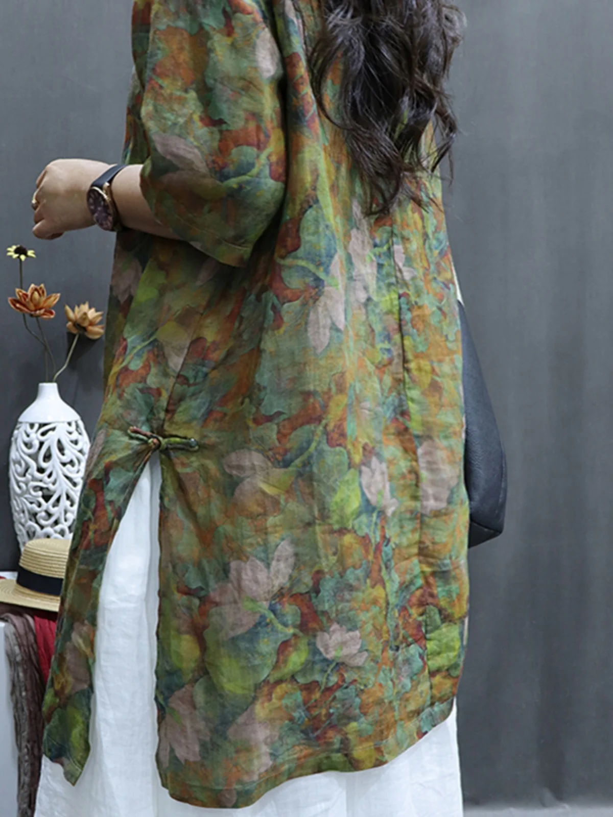 Stampa retrò in cotone e lino irt Dr con colletto alla coreana con bottoni Vita ampia Gonna lunga a trapezio estiva Sve Five Sve Dr