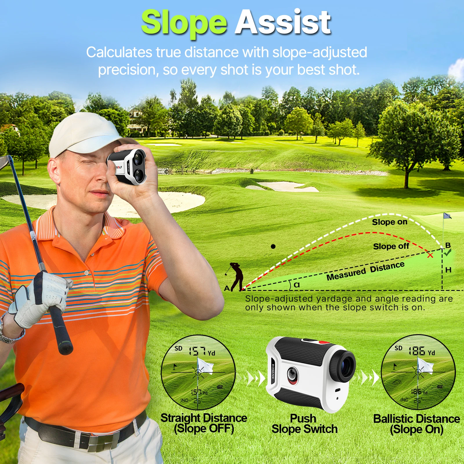 BOSEAN Golf Rangefinder 1200 Yard Multifunctional Rangefinder Magnetic Golf Range Finder 7X Telescope with Slope Flagpole Lock Vibration USB Charging for Golfers and Outdoor Measuring