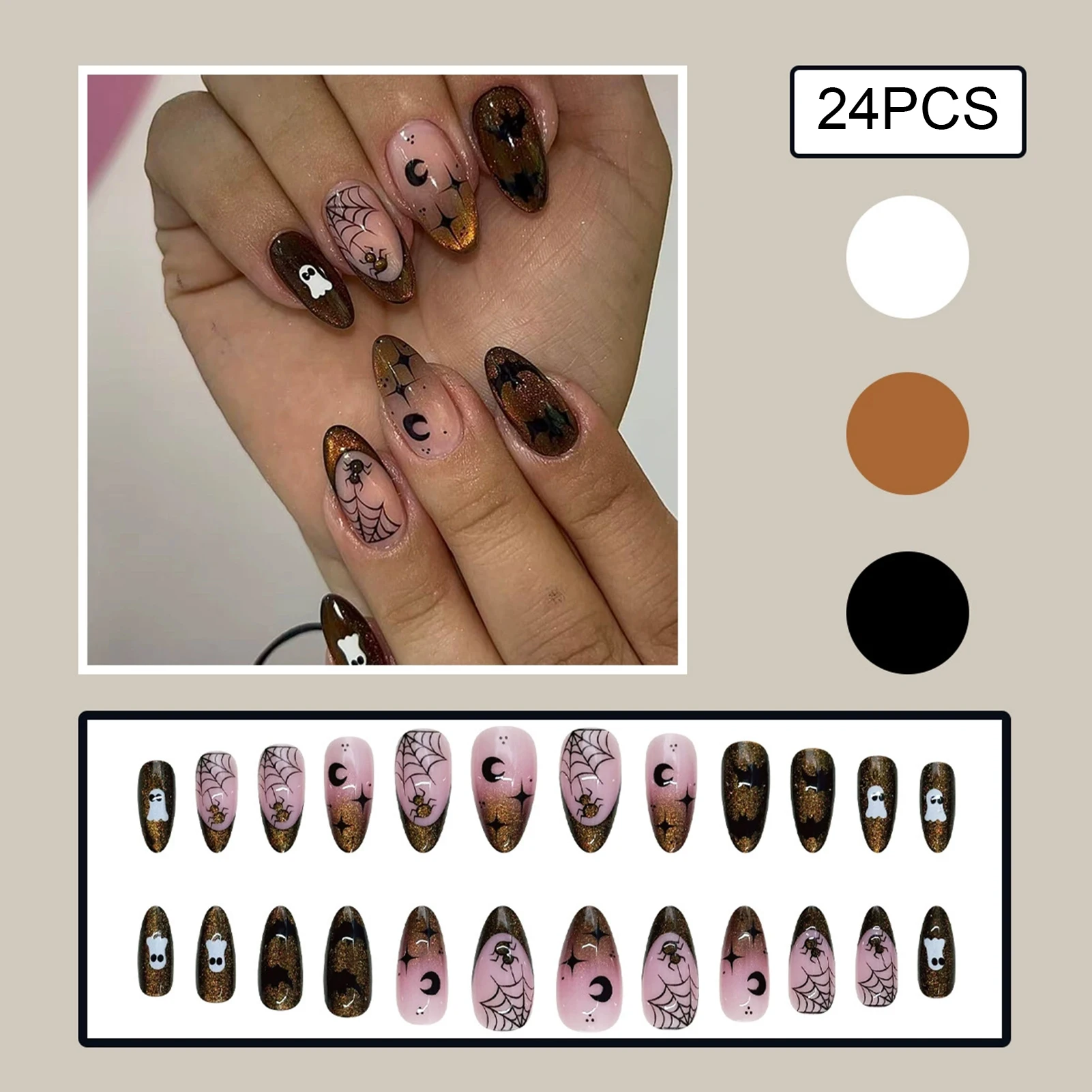 Brown French Tips Nails Press On Glossy Cat's Eyes Designs False Nail for Halloween Party Ghost Bat Spider Pattern Nails Art