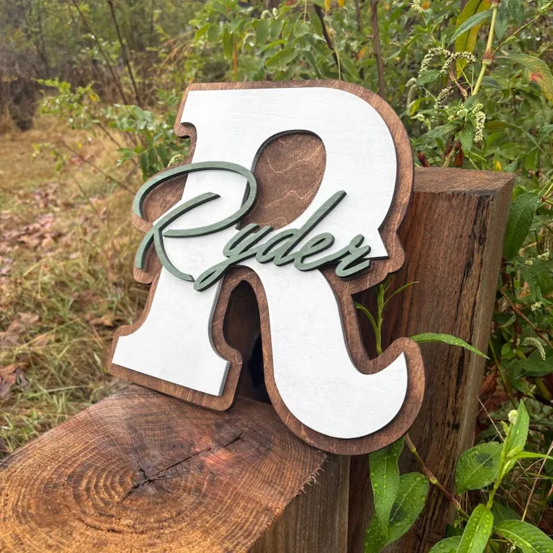 Personalized Initial Letter Name Plaque, Custom Monogram Sign, Rustic Wood Decor for Nursery & Bedroom