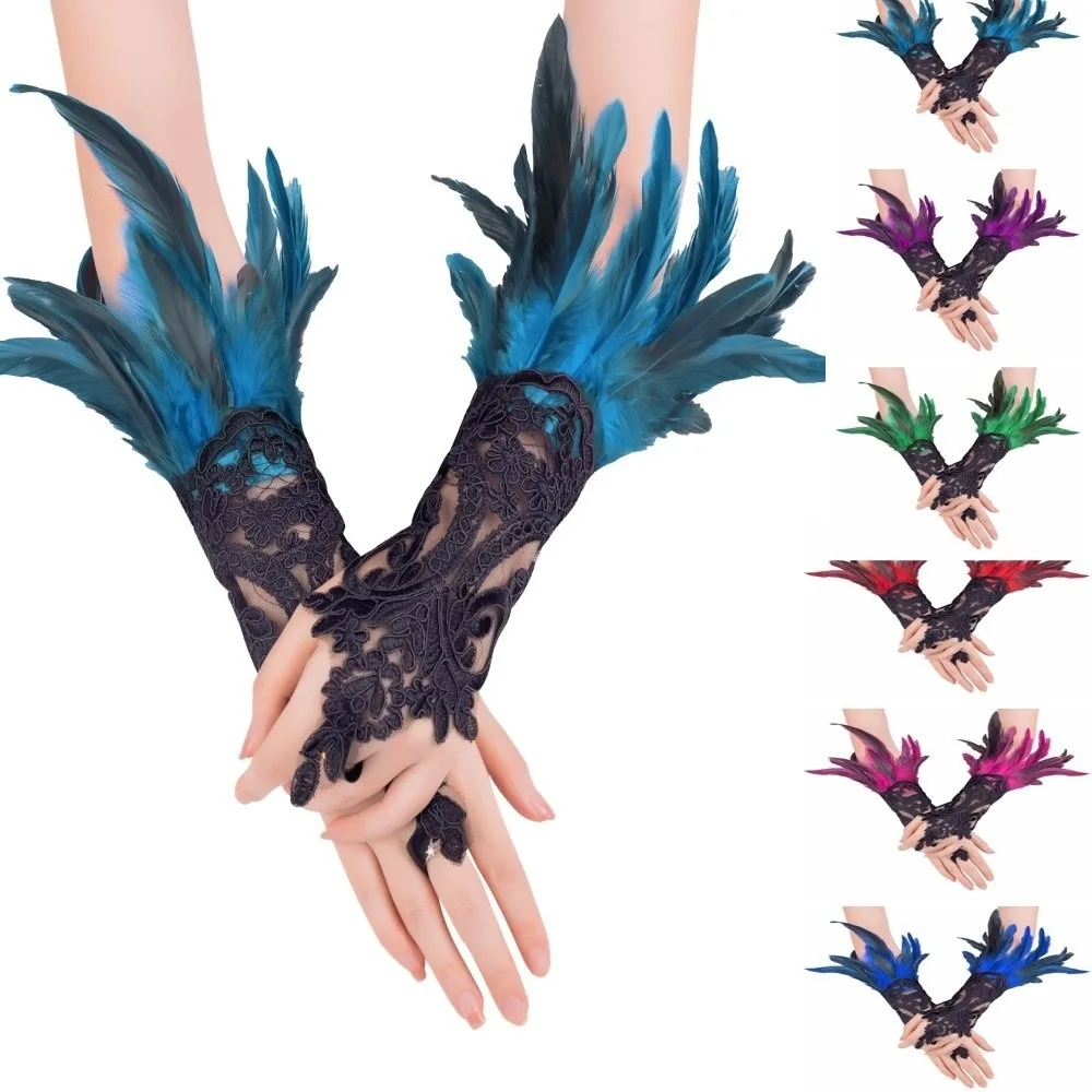 Wristband Halloween Feather Gloves Retro Embroidery Feather Lace Glove Dark Gothic Women Halloween Cuffs Festival