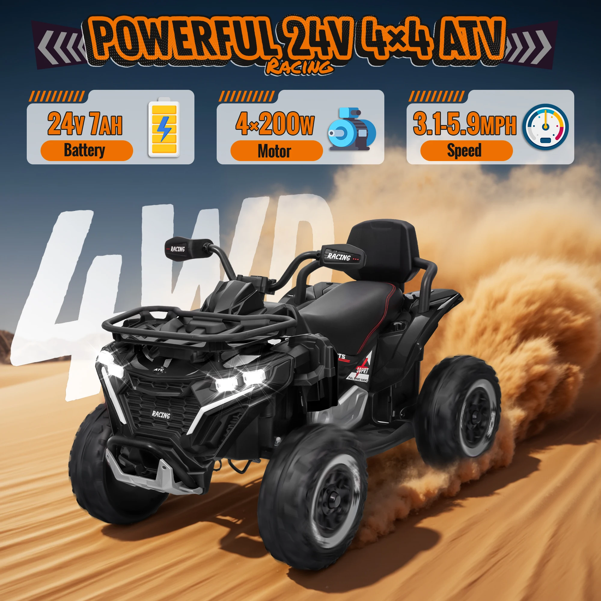 24V Large Four-Wheeled Off-Road Vehicle for Kids - 800W Powerful Motor, 4WD  Dual Leather Seats, Parental