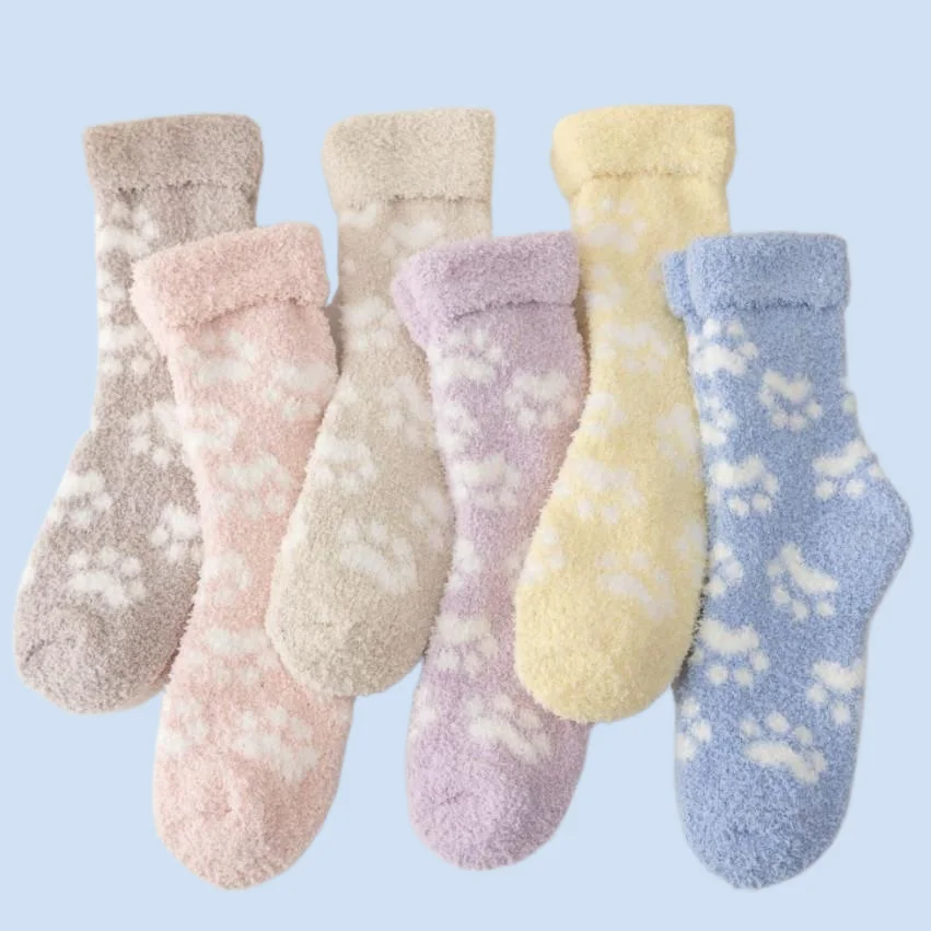 2/6 Pairs Autumn and Winter New Medium Tube Coral Fleece Women's Socks Thick Warm Floor Socks Cat's Paw Women's Socks