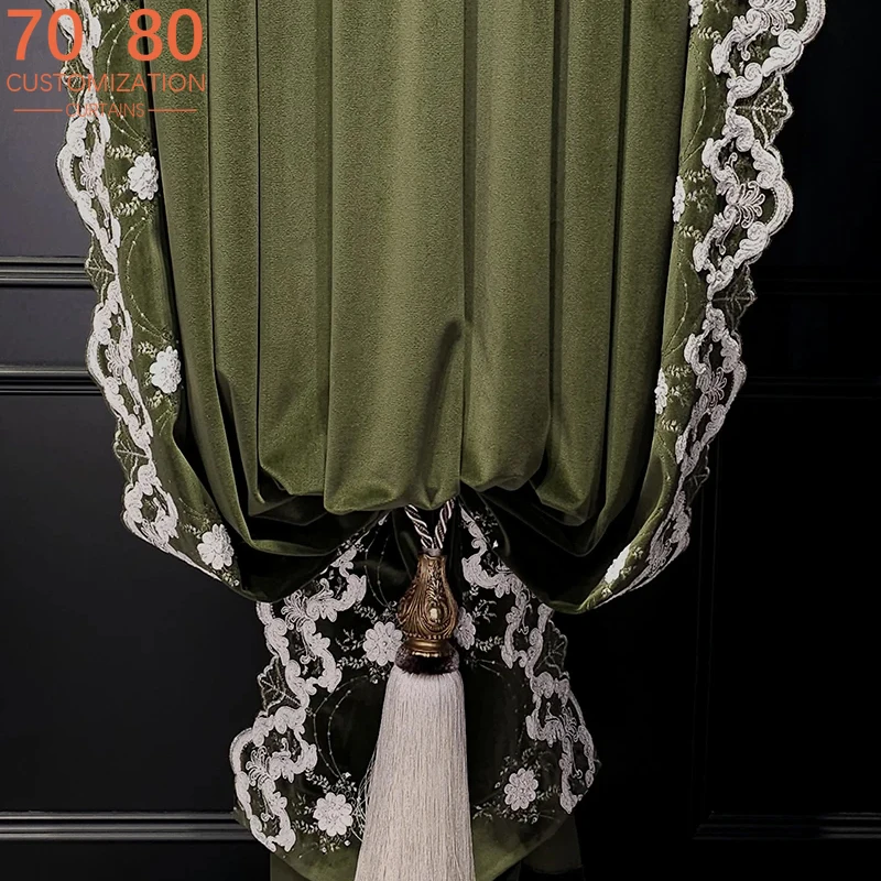 Customized Olive Green Lace Embroidery Thickened Flannelette Curtains for Living Room Bedroom French Window Balcony Villa