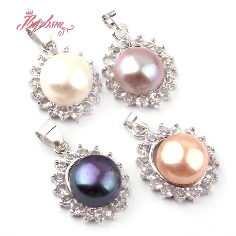 10mm Natural Round Freshwater Pearl CZ Crystal Beads Tibetan Silver Fashion Pendant 1 Pc 15x18mm For Party Gift Free shipping