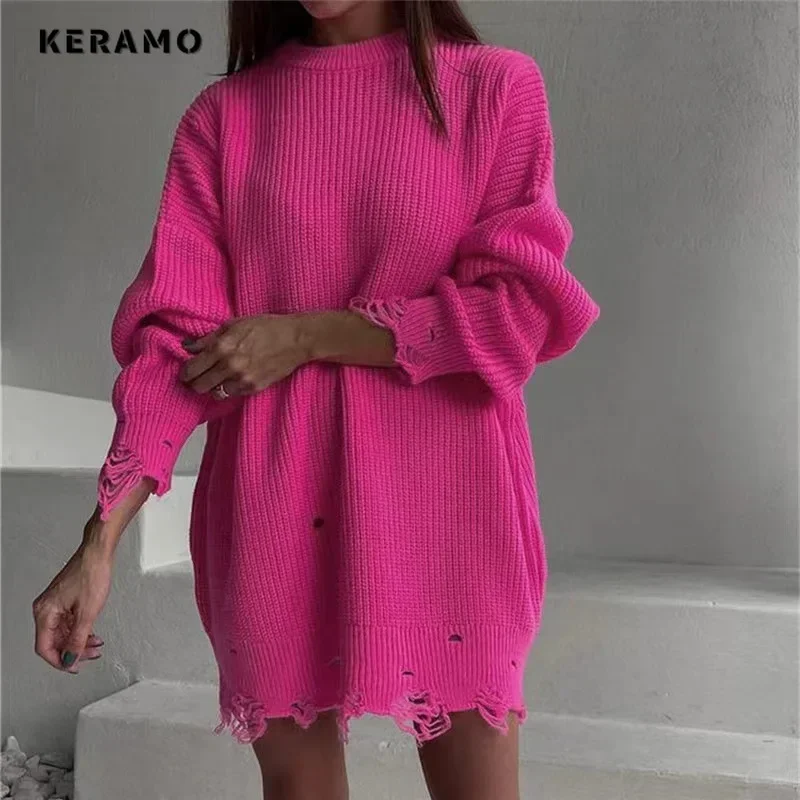 2024 Winter Female Ripped Vintage Long Sleeve Loose Mini Dresses Women Elegant Round Neck Casual Knitting A-Line Warm Dress