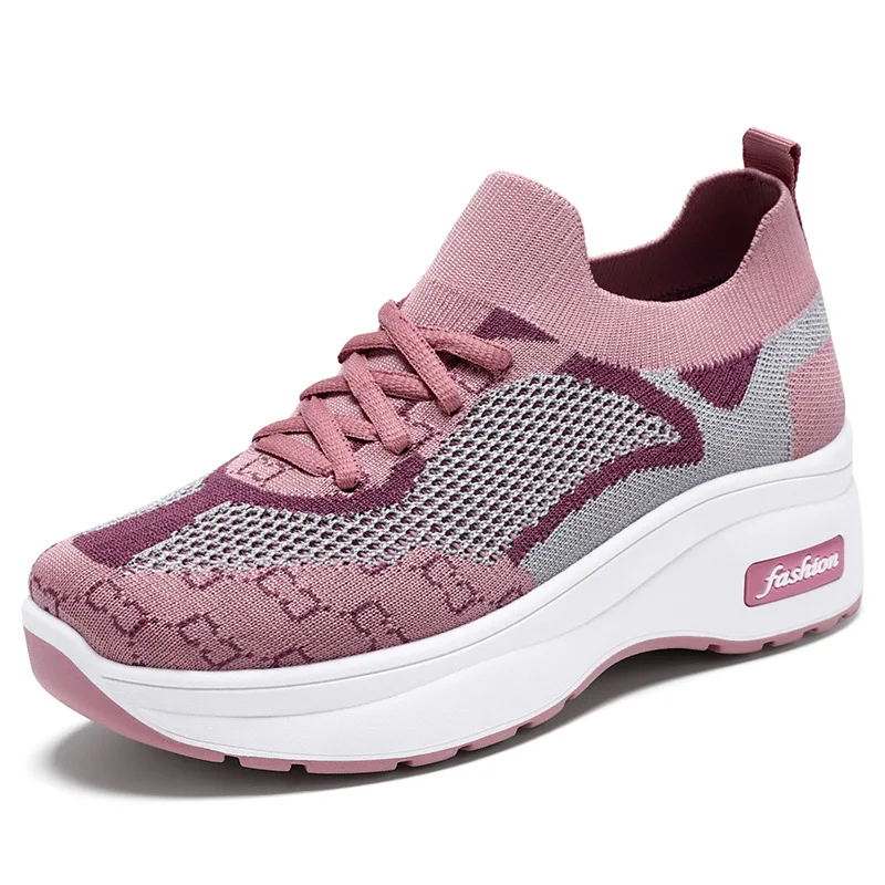 Women circular casual breathable anti slip clothing, elastic sports shoes, black woman lazy increase outdoor sports casual shoes