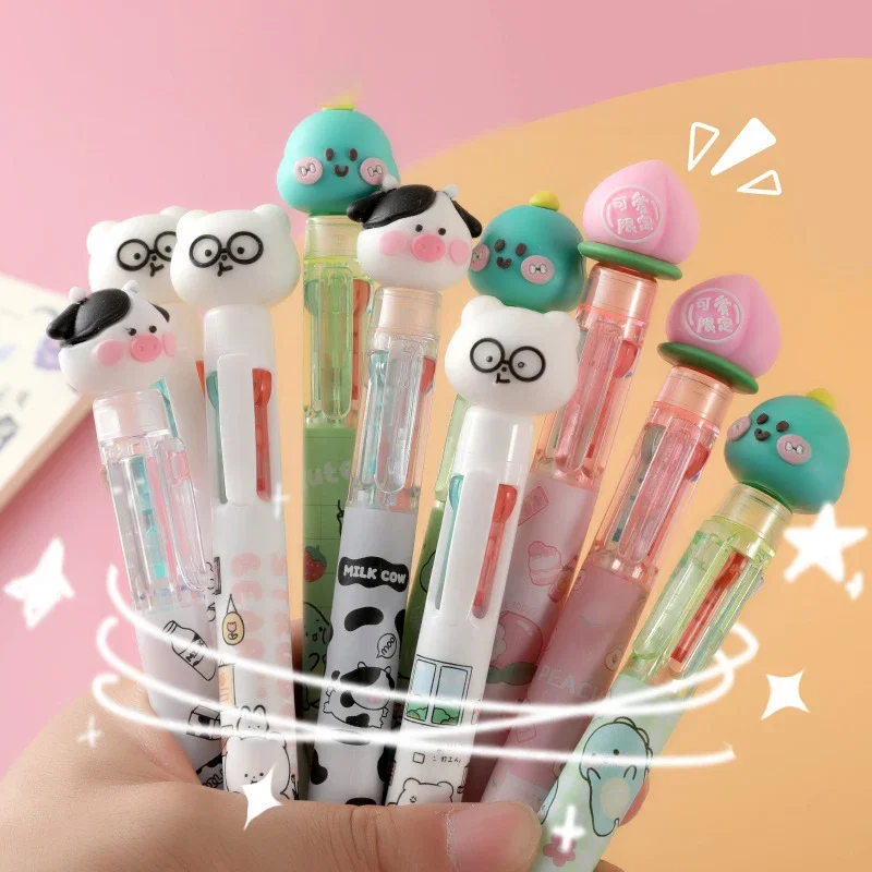 20Pcs/Lot Kawaii Cartoon 4 Colors Ballpoint Pen Cute Cow Bear Dinosaur Peach Multicolor Pens School Office Writing Stationery