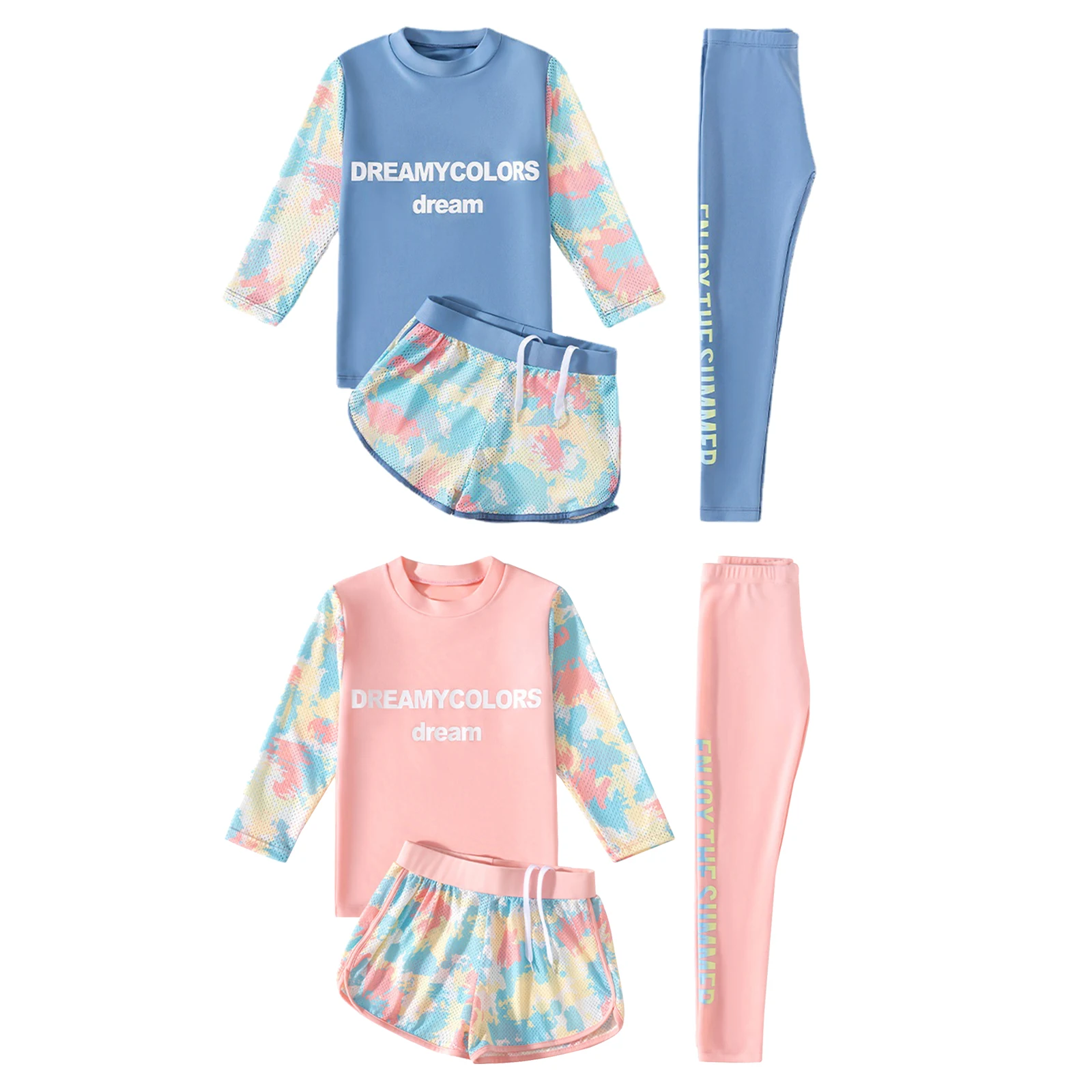 3Pcs Kids Girls Colorful Print Swimsuit Swimwear Sun Protection Rash Guard Long Sleeve Shirt Shorts with Pants Swimming Outfits