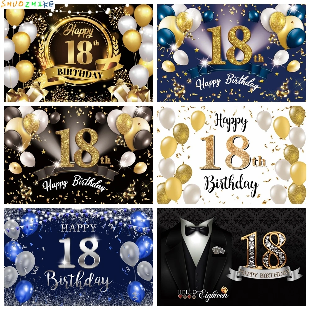 

18 Years Old Birthday Party Backdrop Black Gold Glitter Balloon Boys Girls 18th Birthday Bar Mitzvah Photography Background