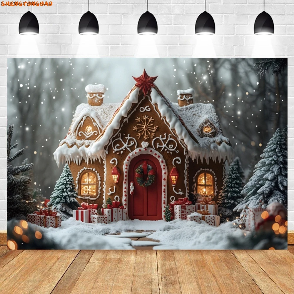 Snowy Gingerbread House การถ่ายภาพพื้นหลังฤดูหนาว Xmas Tree หิมะสีขาว Holiday Decor ฉากหลังเด็ก Portrait Photobooth Props