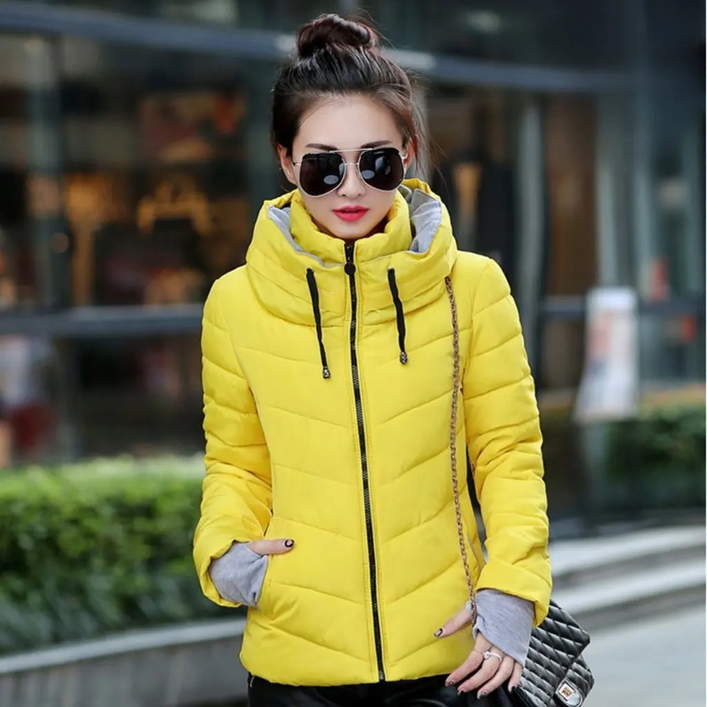 Women's down Cotton-Padded Jacket Short Stand Collar Thickened European American Style New Coat with Gloves