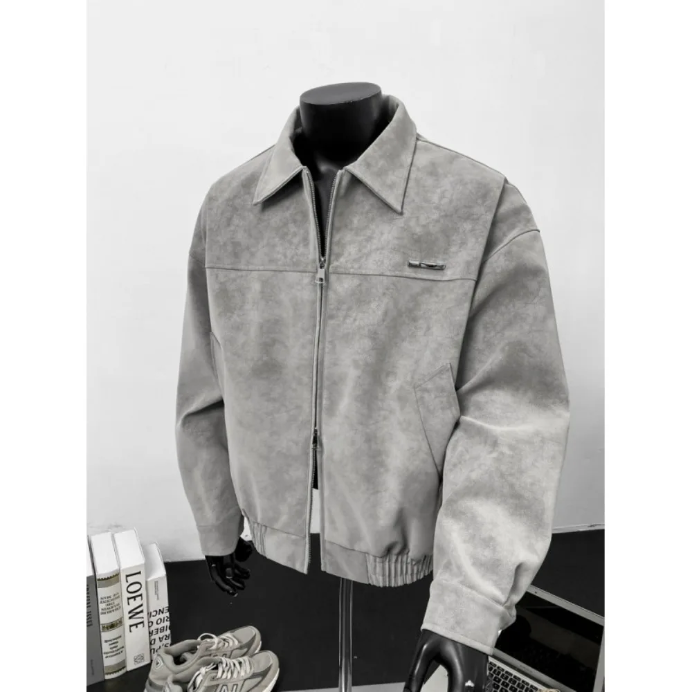 Men's autumn fashion matte leather jacket, loose lapel zipper windproof tie dye PU leather jacket