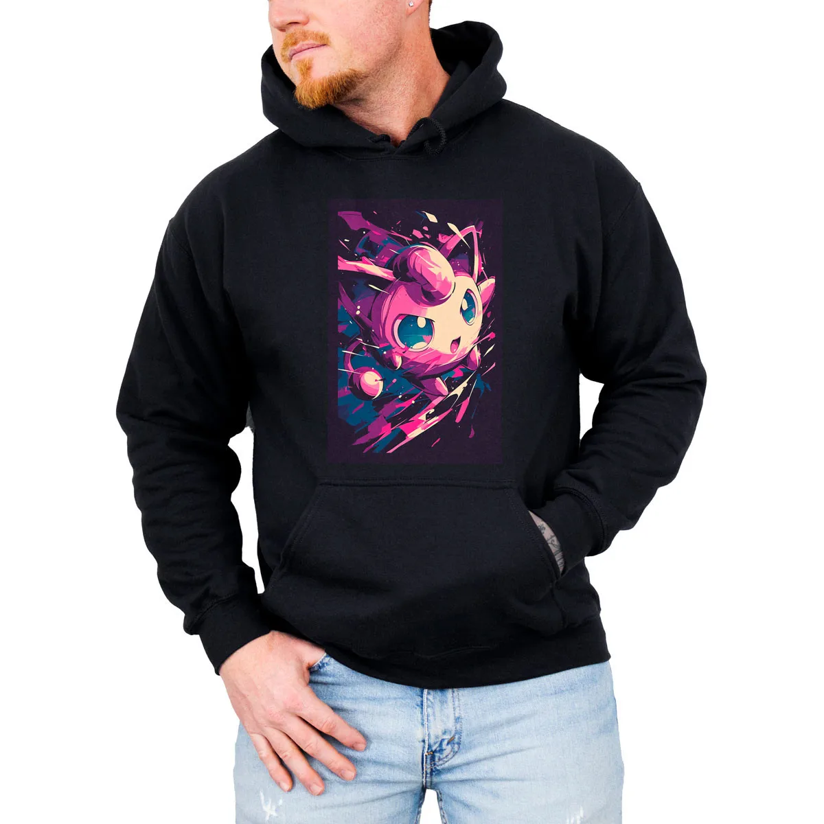 Unisex Pokemon Anime Glaceon Cotton Fleece Hoodie Black Color Blue Creature in Icy Crystal Cave Background Design Loose Fit