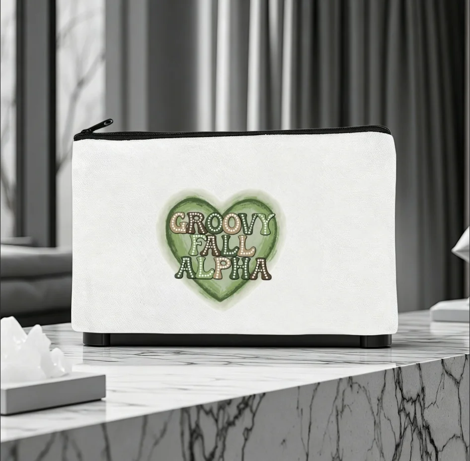 1pc Groovy Fall Alpha Green Heart Letter Print Canvas Cosmetic Bag Portable Zipper Makeup Storage Pouch Autumn Gift