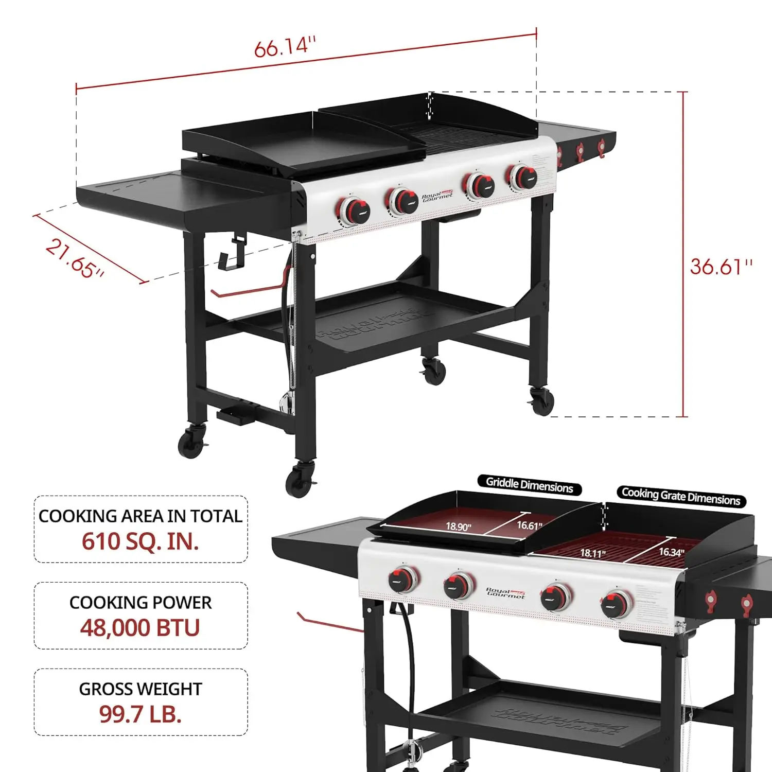 Portable 4 Burner Propane Grill Griddle Combo 48000 BTU With Folding Legs Outdoor Camping Tailgating Grill Black Silver