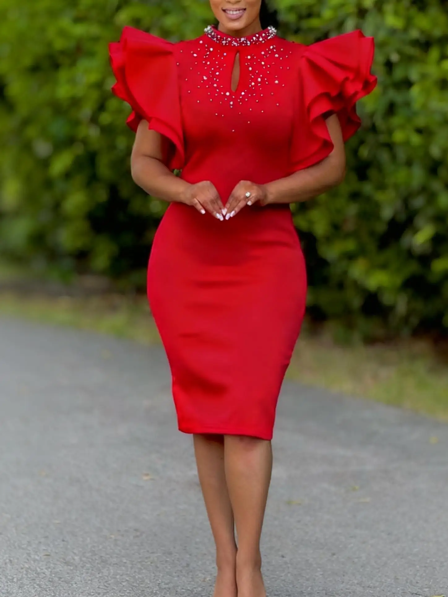 Elegant Plus Size Women's Pearl Embellished Bodycon Dress