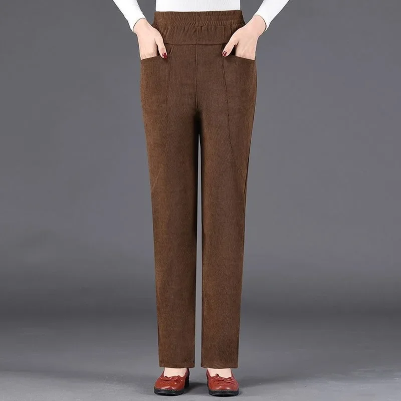 Autumn Winter New Corduroy Straight Pants Women Waist Solid Pocket Loose Casual Korean Warm Middle-aged Radish Trousers Z254