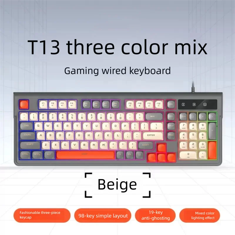 

T13 RGB Backlit USB Wired Keyboard 98-Key Mechanical Feel Gamer Computer Accessories with Multi-color Keycaps for Office And Lap