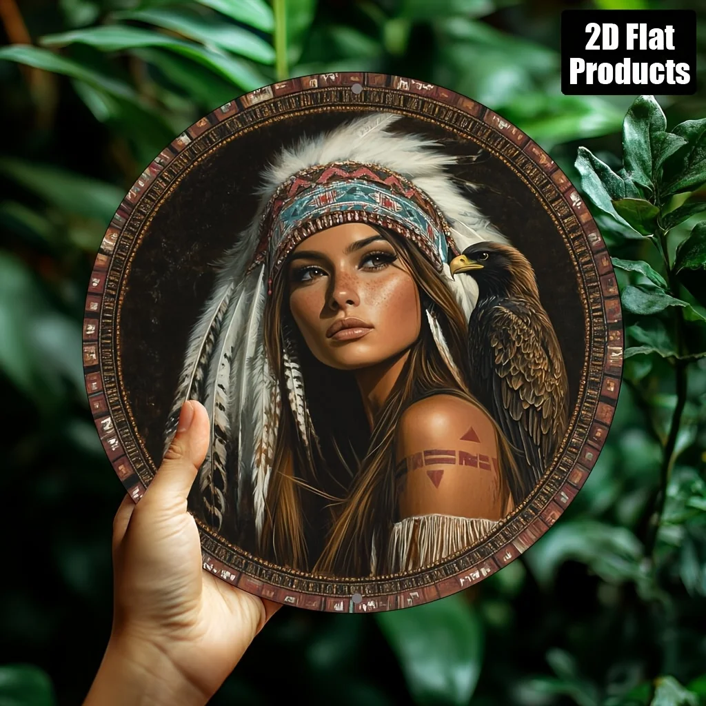 Rundes Aluminium-Wandkunstschild im Vintage-Stil mit indischem Thema – 20,32 x 20,32 cm, rustikales Metalldekor mit Federkopfschmuck und Adler-Design