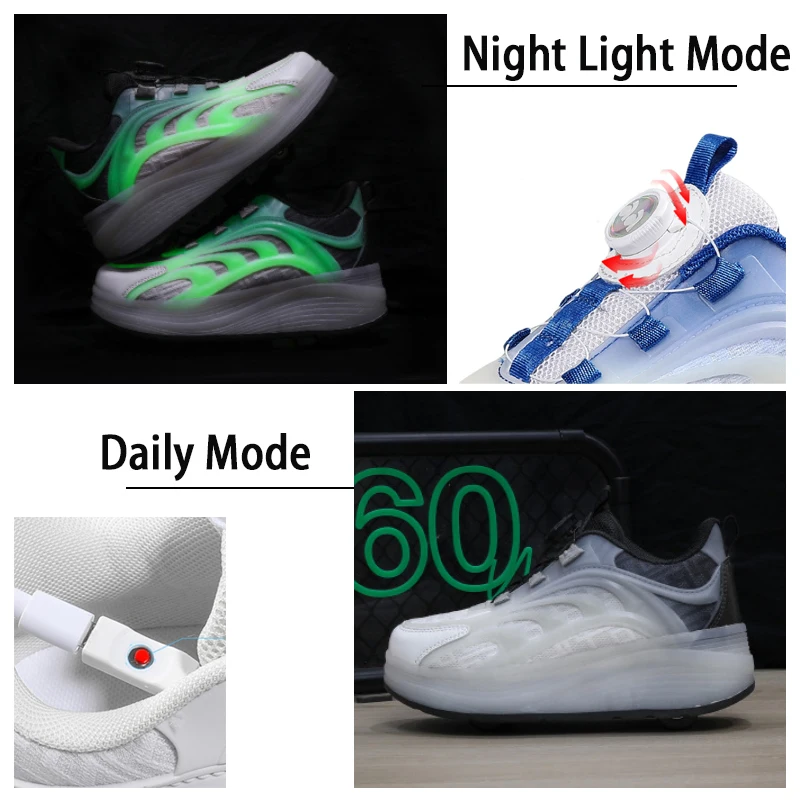 Children Detachable 4 Wheels Shoes With LED Lights Adults Kids Boys Girls Flashing Roller Skates Sneakers Outdoor Skating Sport