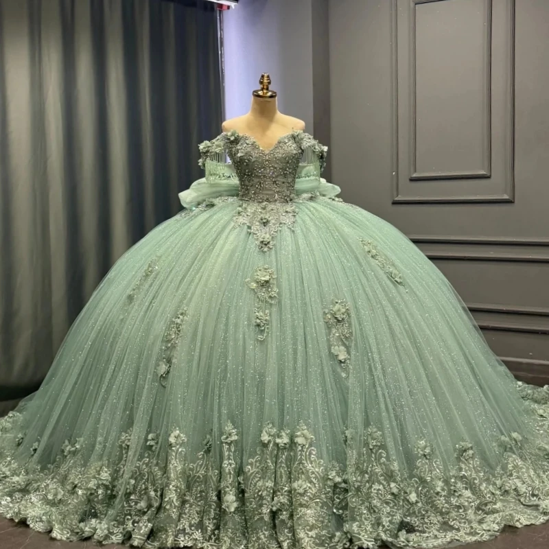 

Light Green Shiny Ball Gown Quinceanera Dresses Applique Flower Beading Crystal Bow Tull Corset Off The Shoulder Sweet 16 Dress
