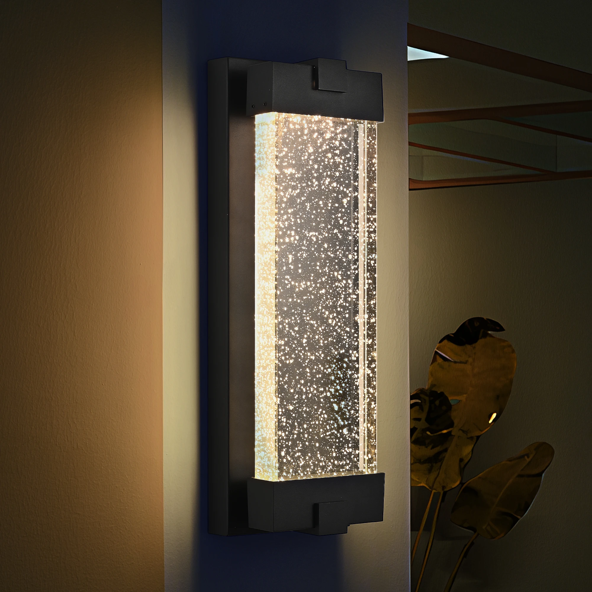 Black Aluminum Finish Outdoor Wall Light with Bubble Crystal Glass, LED Light Source, 3000K Warm Light, Weatherproof