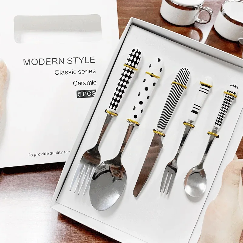 Ceramic Handle Cutlery Knife Fork Spoon Set Travel Dessert Spoon Set Kitchen Dinnerware Sets Stainless Steel Beef Fork and Knife