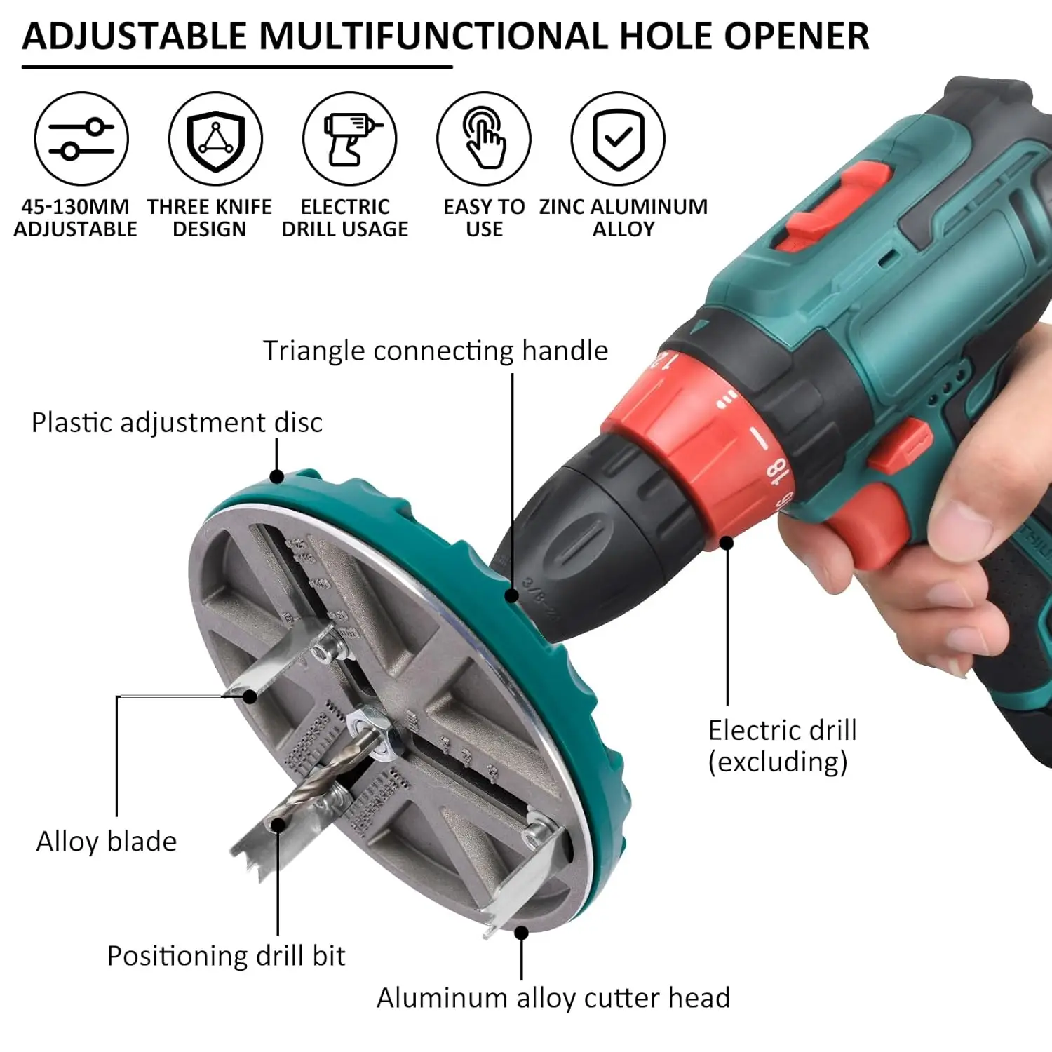 45mm-130mm Multifunktionaler Universal-Lochöffner mit Einstellbarem Durchmesser für Holzbearbeitung, Verstellbarer Lochsäge-Öffner – Detail 1
