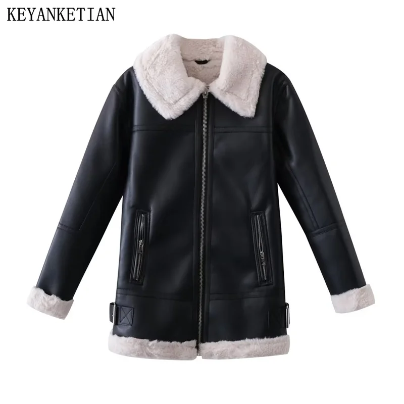 KEYANKETIAN Winter New Women's Leather Jacket Vintage Warm Leather Zip Jacke Black White Color Scheme Straight-Leg PU TOPS