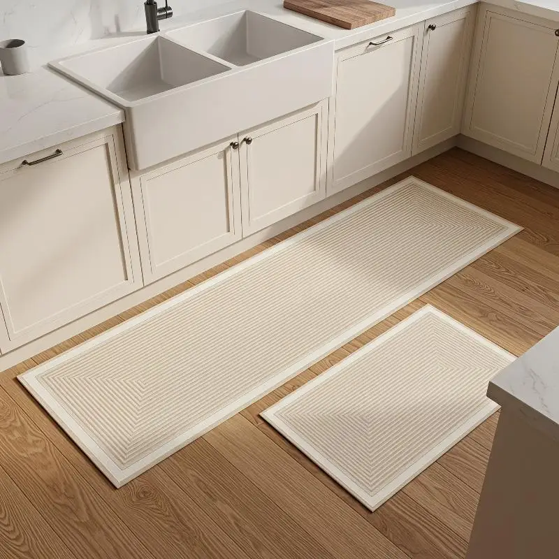Beige Striped Kitchen Floor Mat 2PCS Non Slip Waterproof Practical Housewarming Gift Rugs for Kitchen