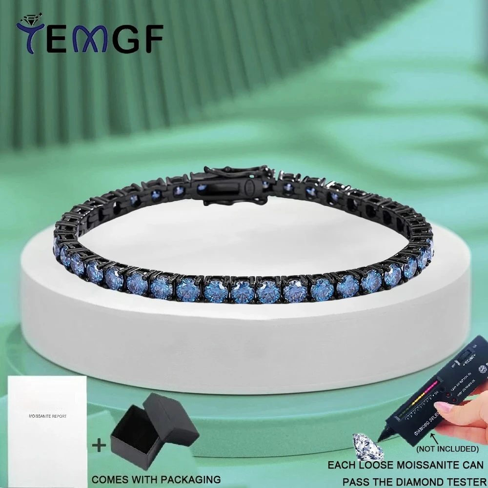 

TEMGF Full Royal Blue Moissanite 3/4/5mm Tennis Bracelet for Men Women S925 Silver 18K Plated Unisex Hip Hop Fine Jewelry Gifts