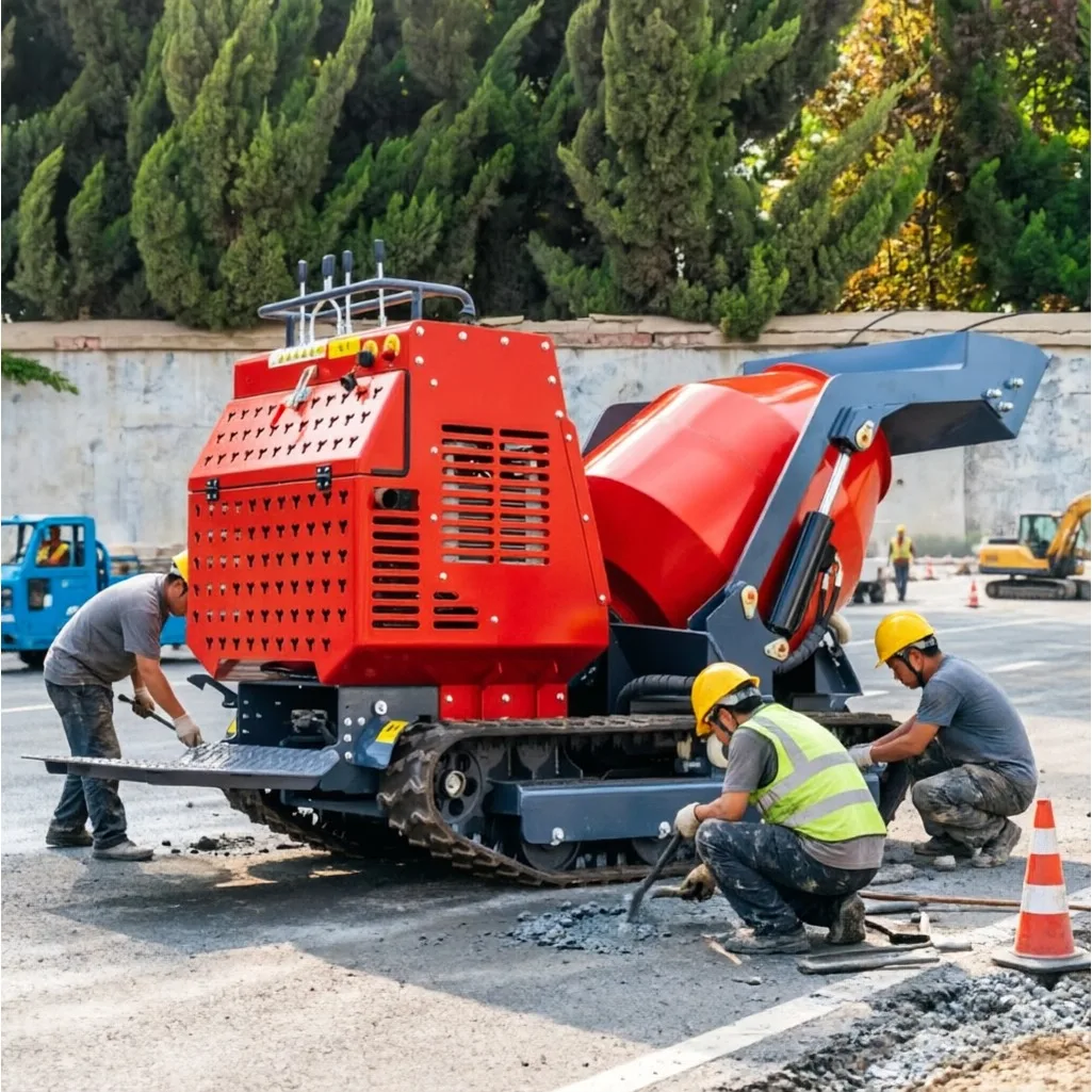 New Crawler Concrete Mixer Hydraulic Self Loading Bucket Rubber Track Off-road Rural House Cement Mortar Mix Equipment FOR Sales
