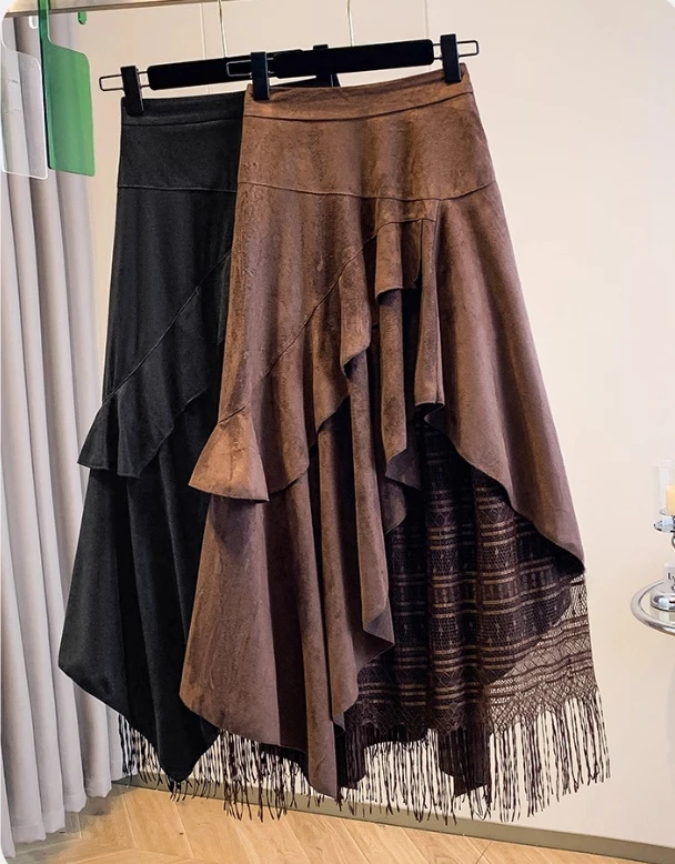 تنانير نسائية كبيرة الحجم للخريف جديدة غير منتظمة بشراشيب تنانير كبيرة متأرجحة لتقليل العمر على شكل حرف a تنانير شارع متعددة الاستخدامات #3