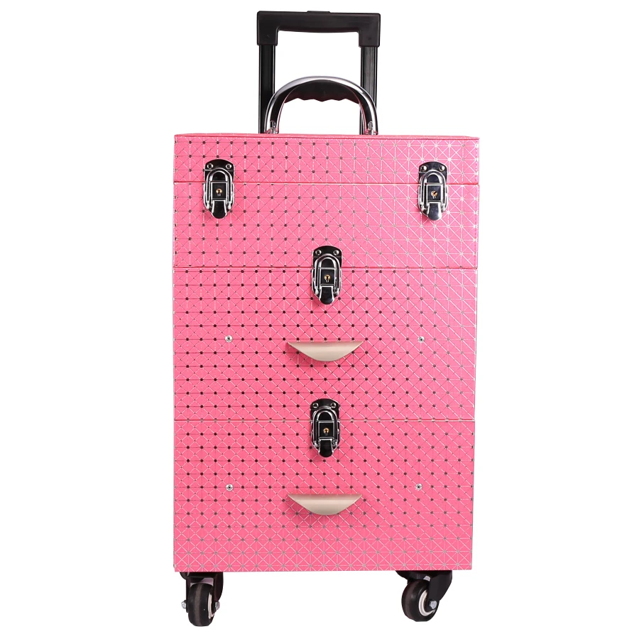 

Leather Trolley Cosmetic Case Travel Cosmetic Train Cases with Universal Wheels Professional Convenient Trolley Makeup Box