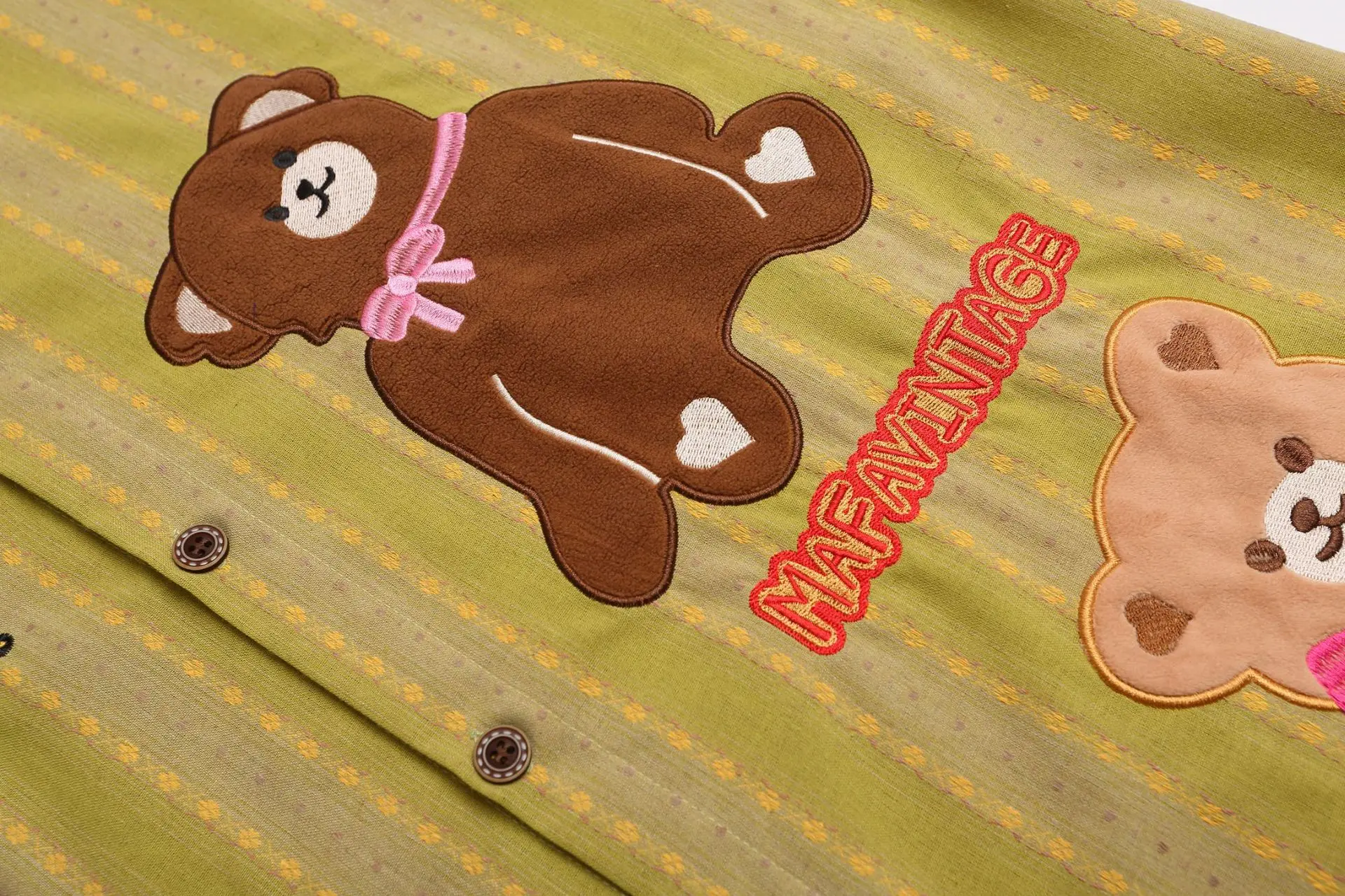 2025 Early Autumn Japanese Retro Fun Cute Bear Embroidery Green Striped Loose Long Sleeve Shirt Top Womens Tops