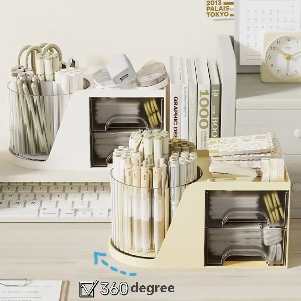 360 Degree Rotating Desk Organizer 6 Slots Multi-Functional Pencil Pen Holder White with 2 Drawer Storage Box Office