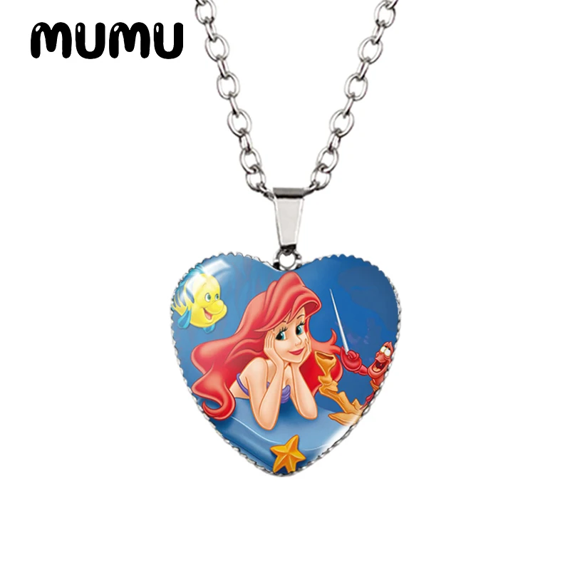 2024 New The Little Mermaid Heart Necklace Glass Printed Photo Pendant Handmade Jewelry Gifts Children