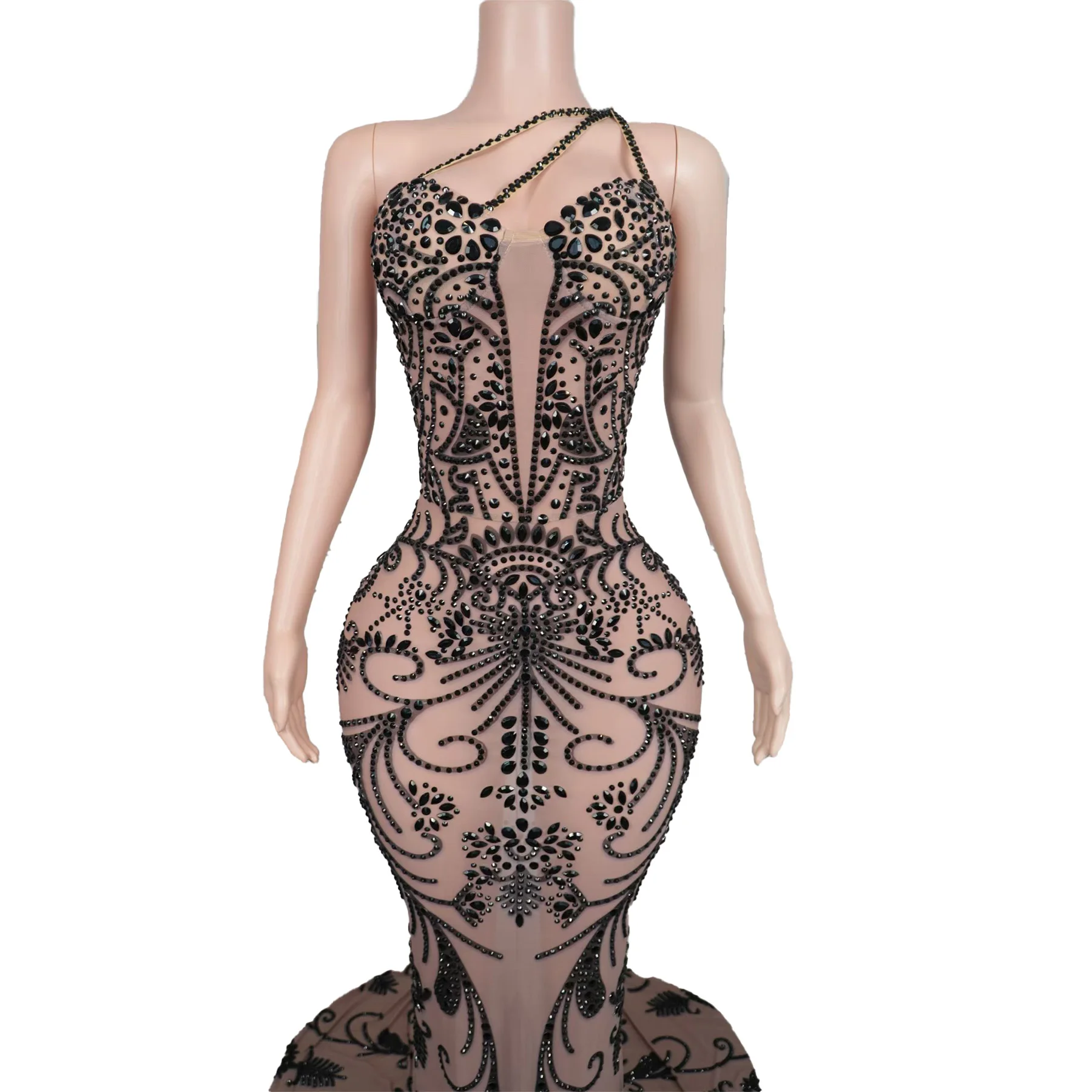 Yadan Elegant Women Evening Dress Black Rhinestone Transparent Mesh Irregular Dress Celebrity Red Carpet Dinner Party Dress