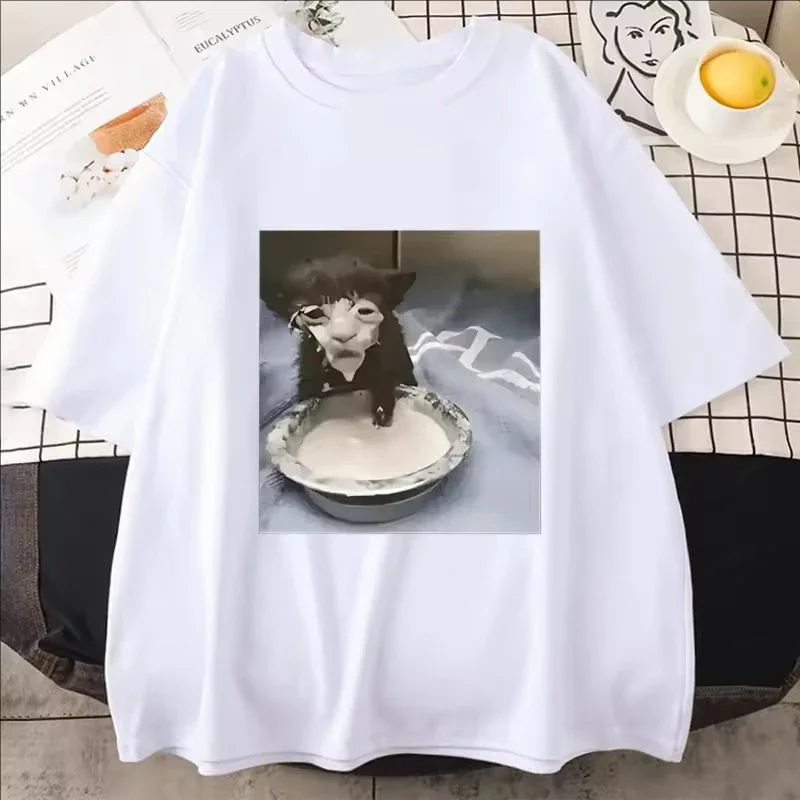 الرجال النساء الحليب الوجه القط ميمي طباعة تي شيرت الفكاهة مضحك القط الجرافيك تي شيرت موضة الاتجاه جودة القطن المتضخم الشارع الشهير