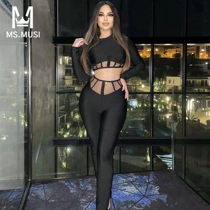 

MSMUSI 2023 New Fashion Sexy Lace Mesh Hollow Out Bandage Two Piece Set Bodycon Party Long Sleeve Top Pencil Long Pant Set Suit