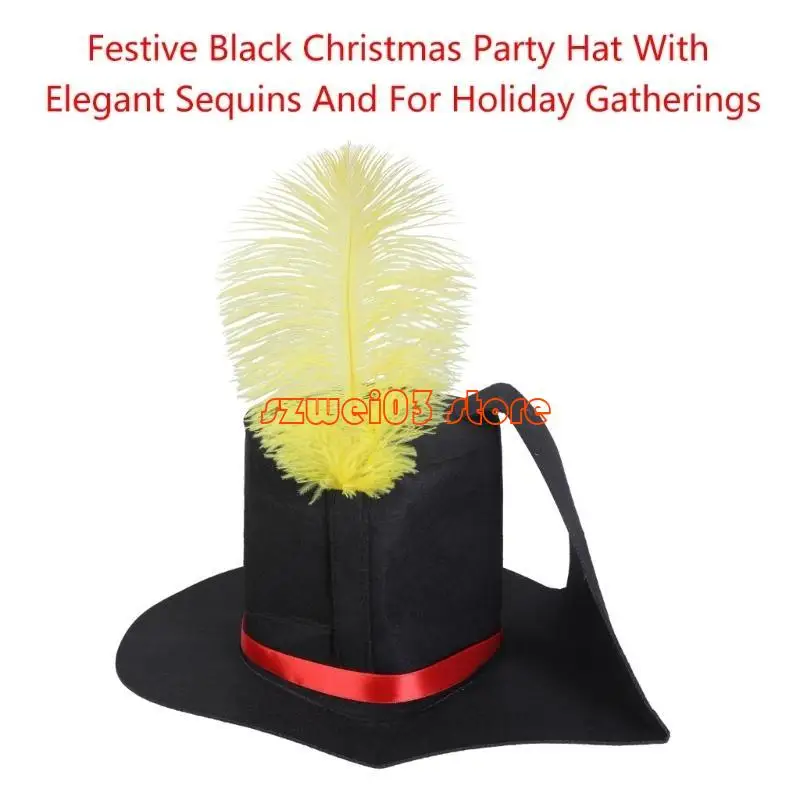 D46C Versatile Black Christmas Hat with Feathered Detailing for Caroler Snowman