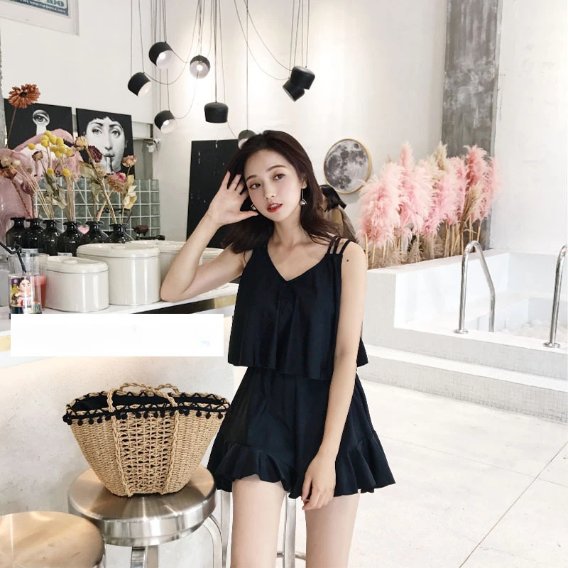 Women's Swimwear 2024 Summer Solid New Fashion Conservative Cover Belly Slim Large Size Black Swimsuit One Piece Pleated Skirt