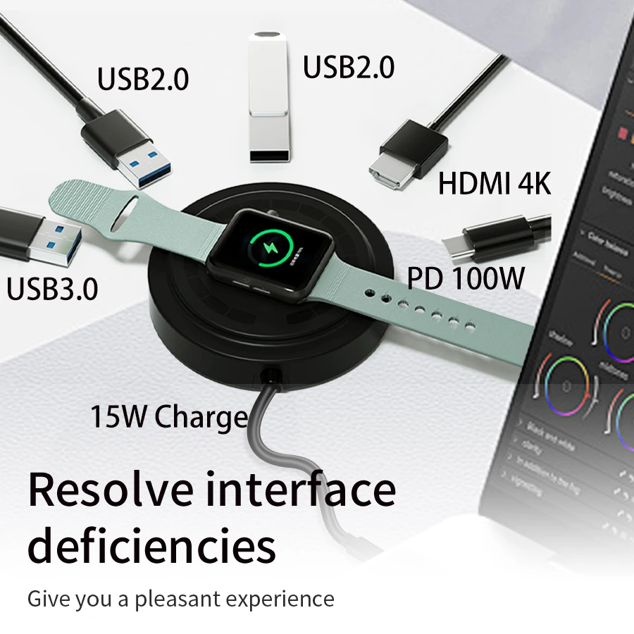 6 in 1 USB C ハブ ワイヤレス充電器付き 15W Type-C アダプター USB3.0 ドッキングステーション HDMI 4K PD 100W MacBook Air iPad ノートパソコン対応