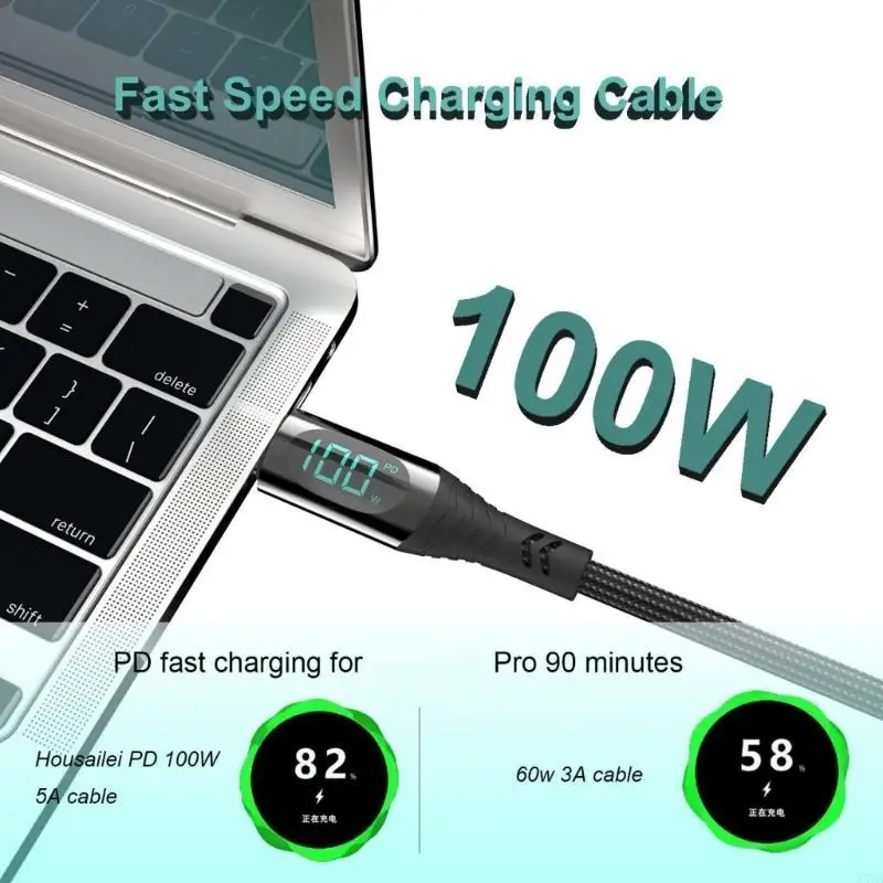 100W Digital Display TypeC Cable USB C to USB C Charging Cord 120cm 200cm 