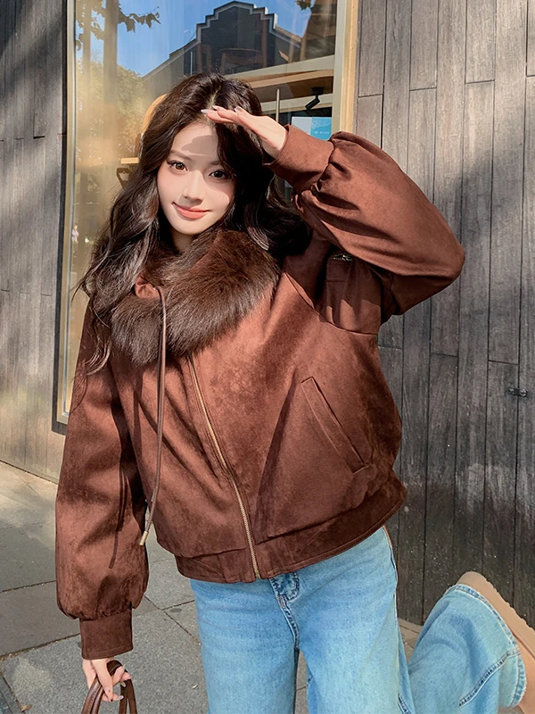 

Retro Women's Short down Jacket Thickened Warm White Duck Feather Coat Deer Skin Velvet Large Fur Collar Winter Outerwear