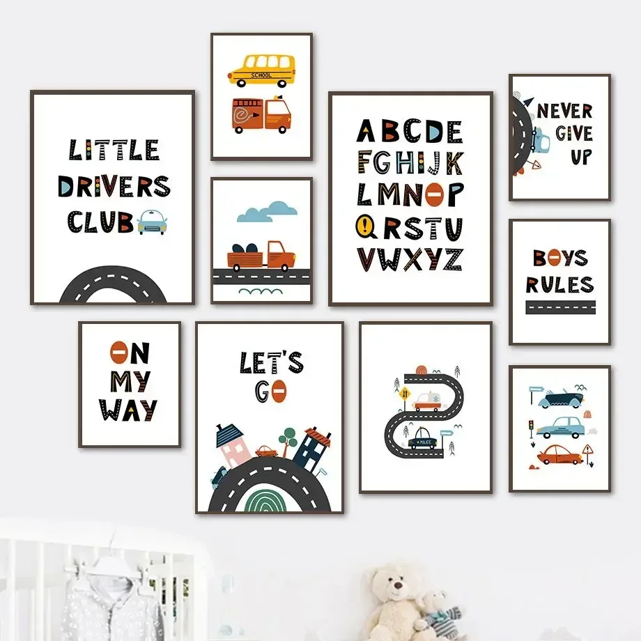 Canvas Painting Posters and Prints Wall Pictures Cartoon Car Truck School Bus Traffic Sign Nursery Wall Art for Kids Room Decor