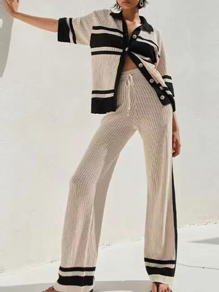 

European and American style summer and autumn new women's clothing design sense fashion hollow striped shirt trousers suit