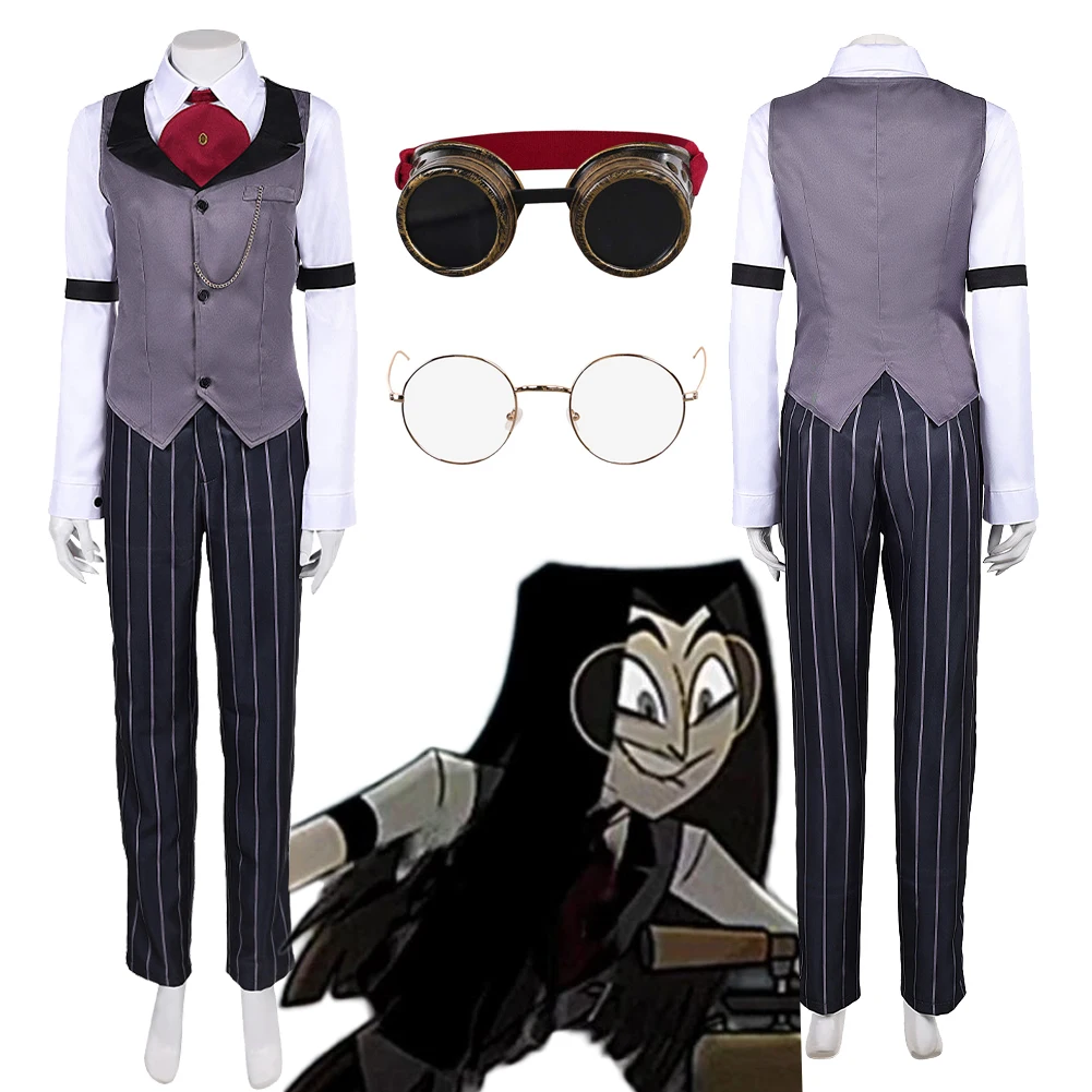 TV Hell Inn 2 Sir Pentious Cosplay رمادي البدلة نظارات نظارات مختبر الملابس مجموعة زي ملابس النساء حفلة الهالوين كرنفال